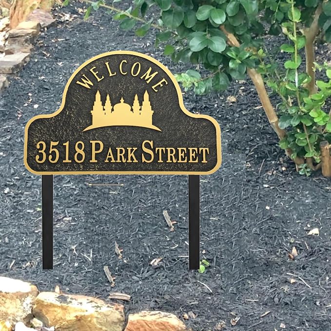Address Sign Lawn Mounted - Custom House Number Plaque Sign with 2 Metal Stakes,House Address Numbers for Outside House,Yard,Garden,Grass,Ground,Drive Way,Lawn,4 Colors, 13''x 9''