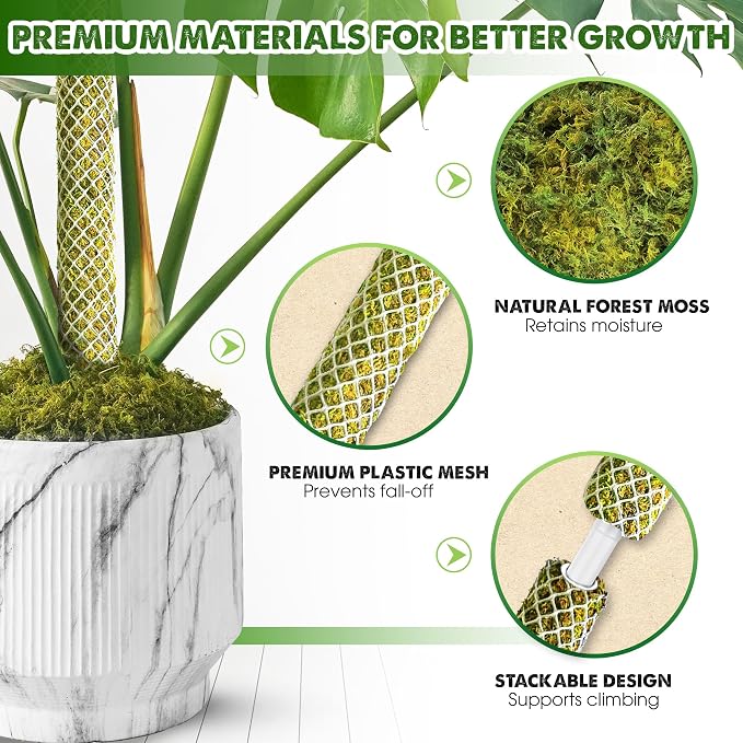 DUSPRO 2 Pack 22" White Stackable Mesh Moss Pole for Plants – Extendable Up to 39", Natural Forest Moss Pole Monstera Plant Support, Moss Stick for Climbing Plants, Indoor Plant Stakes Accessories