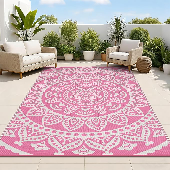 Bsmathom Waterproof Outdoor Rug 6'x9' Reversible Boho Plastic Straw Patio Deck Camping Rugs, Indoor Outdoor Portable RV Mat Clearance Carpet for Outside, Porch, Balcony, Backyard, Beach, Pool,Pink