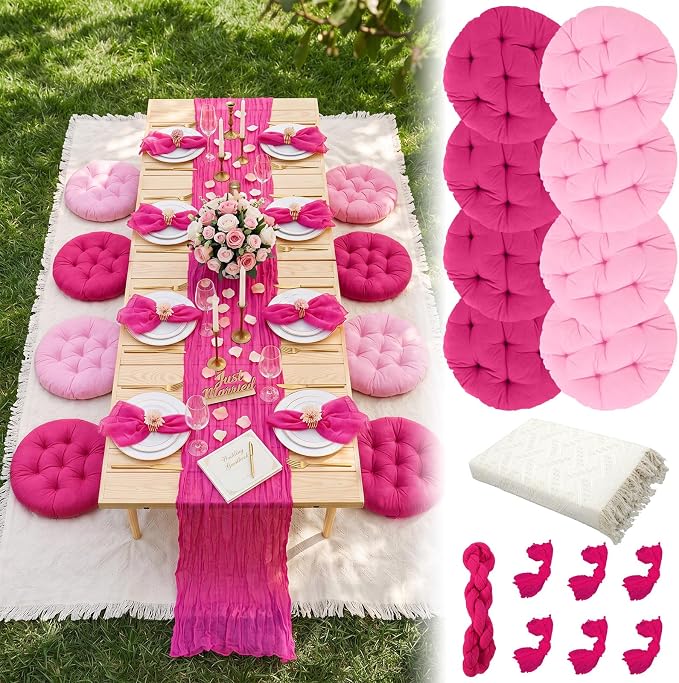 Beeveer 71 x 118'' Extra Large Outdoor Picnic Blanket with Rose Red Table Runner 8 Napkins and 8 Floor Pillows Cushions for Picnic Party Camping Wedding Bachelorette Birthday Baby Shower Decor
