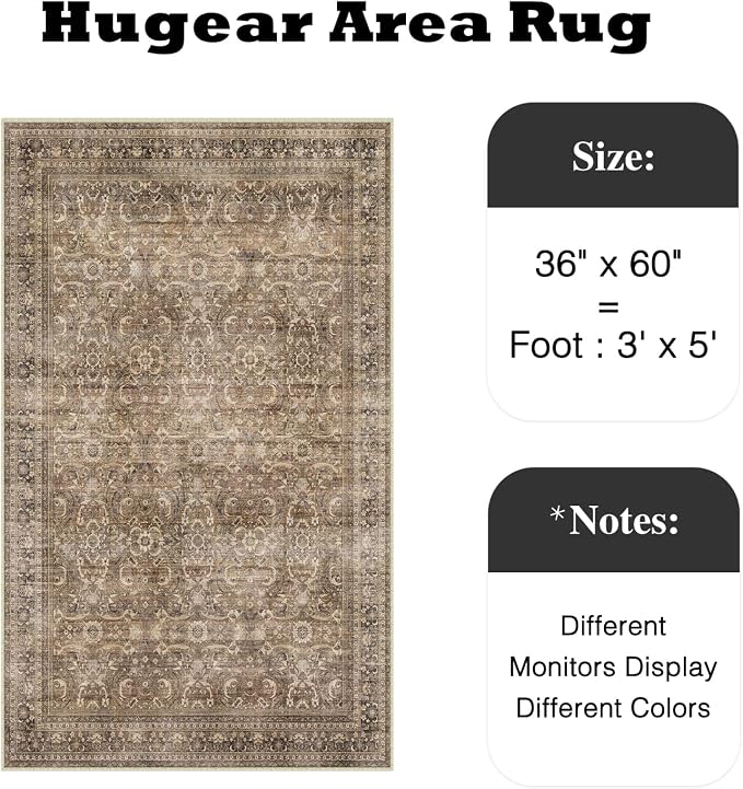 3x5 Brown Vintage Distressed Washable Area Rug for Entryway | Low Pile, Non Slip, Retro Style, Soft Distressed Indoor Rug for Entryway, Kitchen, Bathroom, Door Mat, Home Decor