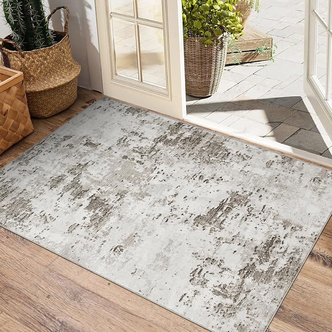 ROYHOME Modern Abstract 2x3 Area Rug Non Slip Non Shedding, Taupe/Beige | Low Pile Stain Resistant Rug for Entryway Kitchen Bedroom