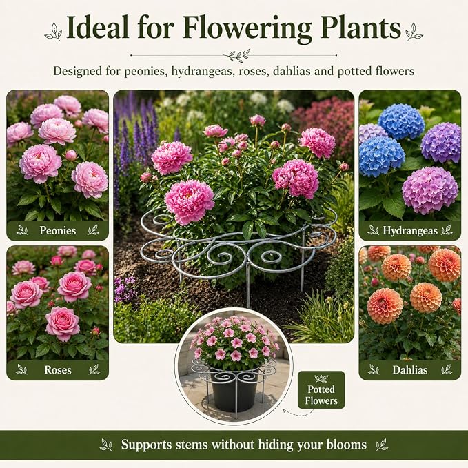 Plant Support Ring for Outdoor Plants, 17.32 x 17.32 in Metal Garden Stake, Decorative Peony Support Cage for Potted Flowers, Hydrangeas, Roses, 1 Pack