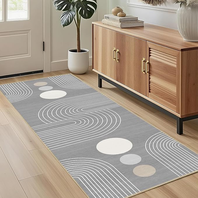 Boho Runner Rug 2x6 Modern Geometric Abstract Rug for Hallway Kitchen Bedroom Grey Mid Century Modern Runner Machine Washable Non-Slip Printed Low-Pile Long Floor Carpet for Bathroom Laundry Gray