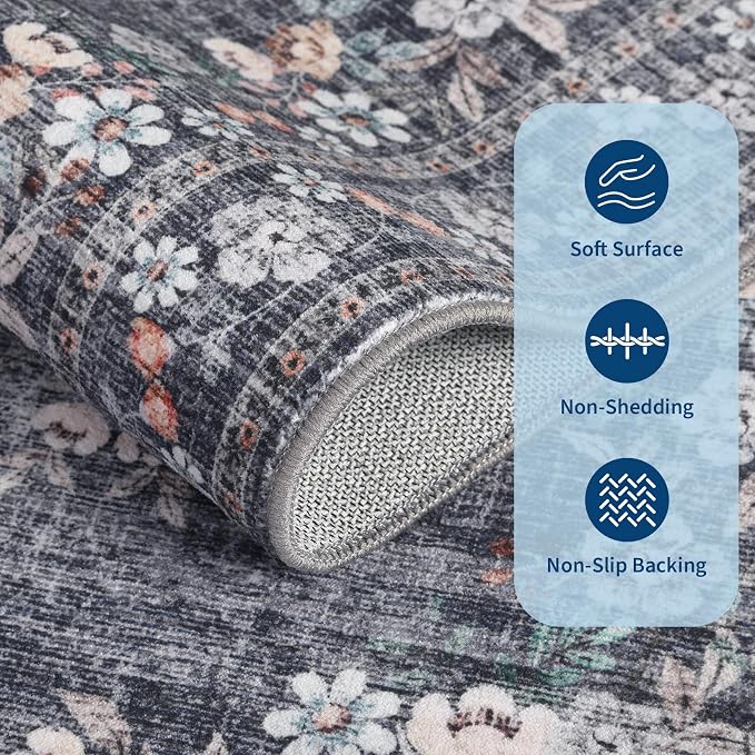 GarveeHome 5ft Washable Round Rug for Dining Vintage Throw Rug | Distressed Bordered Leaf and Flower Floral Bedroom Carpet Low Pile Non-Slip Blue Area Rug for Living Room Office Nursery