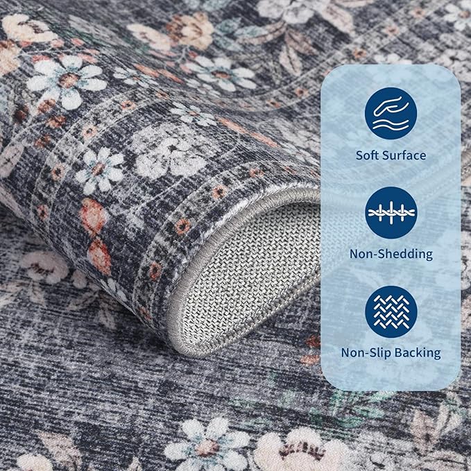 GarveeHome 8x10 Bedroom Rug Botanical Vintage Flower Floor Cover | Bordered Blue Rugs Low Pile Non-Slip Machine Washable Floral Area Rug for Living Room Guest Room Office Nursery