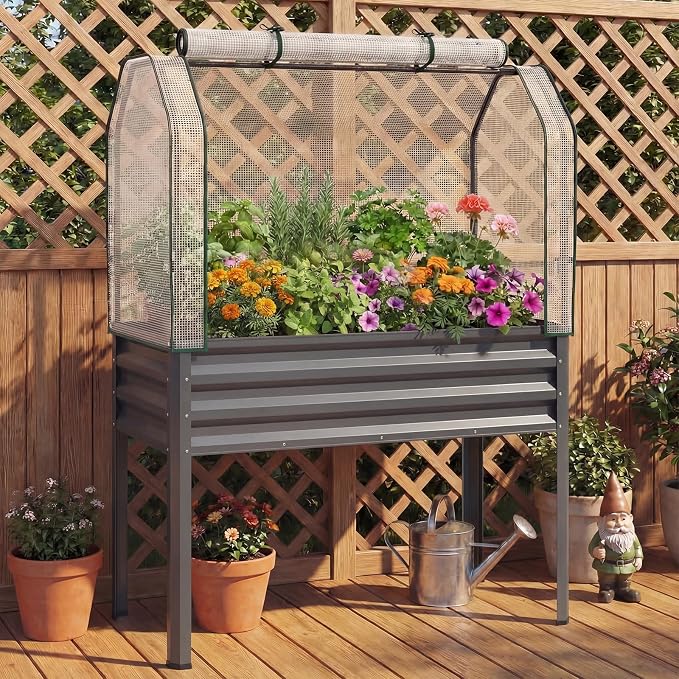 Giantex Raised Garden Bed with Legs & Greenhouse Cover, 44x20x60 Elevated Metal Planter Box with Roll-up Door, Outdoor Mini Greenhouse for Vegetable Flower Herb Patio Balcony (Gray,1)
