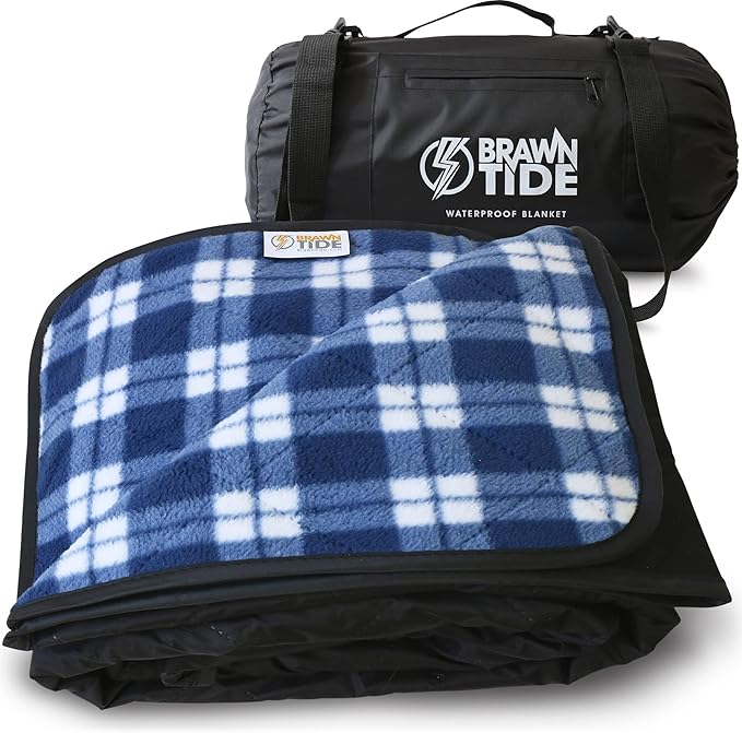 BRAWNTIDE Large Waterproof Outdoor Blanket, Extra Thick Fleece, Warm, Windproof & Sandproof, Quilted Stadium Blanket for Sports Events, Beach, Camping, Picnics, Dogs & Car, 82" x 55