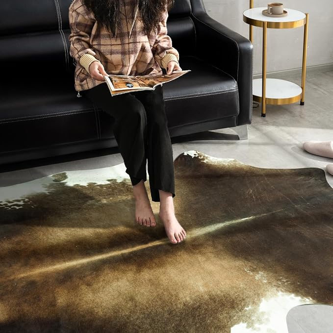 Large Washable Non Slip Faux Cowhide Rug 6x7 Brindle and White, Speckled Cow Print Area Rugs for Living Room, Cruelty-Free Animal Skin Carpet, Western Rustic Room Decor Aesthetic