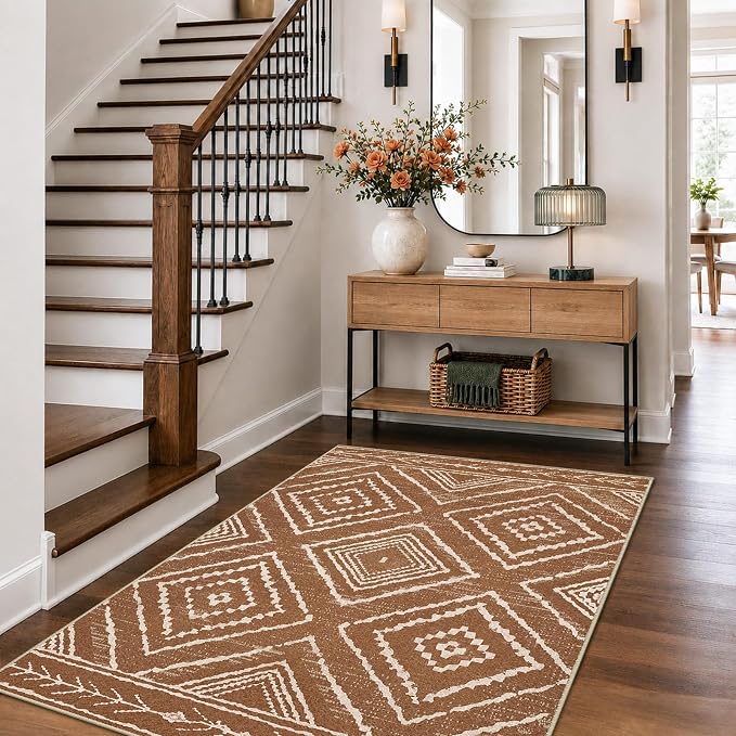 4'x6' Washable Area Rug for Living Room Bedroom Yellowbrown | Soft Western No Slip Low Pile Print Foldable Indoor for Kitchen Dining Room