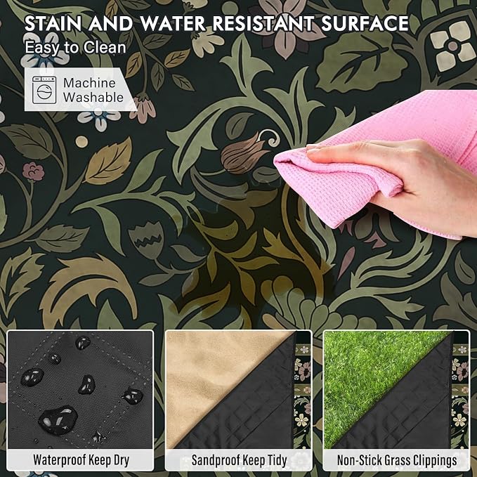 Floral Picnic Blankets Waterproof Foldable, 60″X80″ Packable Picnic Mat Vintage Outdoor Blanket for Grass, Large Beach Blanket Sandproof Picnic Accessories for Camping Music Festival Park Lawn Travel