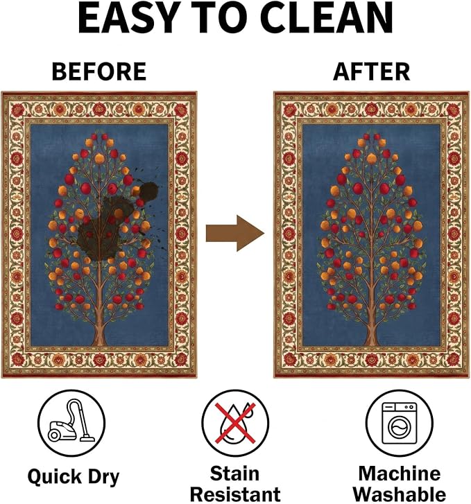 9CH Vintage Traditional Area Rug 5x7, Washable Oriental Capet Soft Non Slip Blue Red Tree of Life Rugs for Living Room Bedroom Home