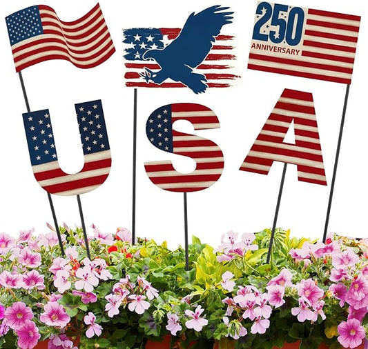 Pickmesh 6 Pcs 12" H 250th Anniversary Outdoor Decor 4th of July Patriotic Eagle Metal Yard Sign Red White Blue USA Flag Garden Stake American Yard Sign for Independence Day Decoration
