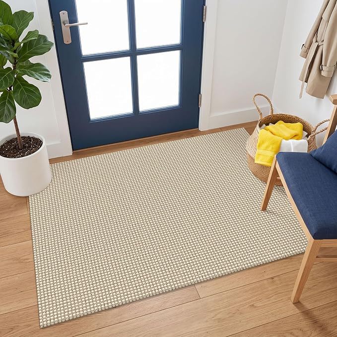 KOZYFLY Washable 3x4 Entry Area Rug, Braided Throw Rugs for Entryway, Non Slip Door Mat Indoor Outdoor Entrance, Front Porch Foyer Carpet for Kitchen, mudroom, Bathroom, Ivory/Camel/Brown