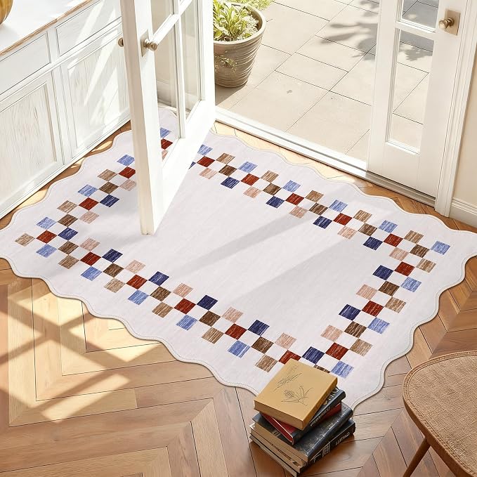 GarveeHome Small Washable Area Rug 2x3 Solid Color Scalloped Kitchen Rugs | Modern Checkered Entry Rug Bedroom Non Slip Stain Resistant Bordered Throw Carpet for Living Room Nursery Laundry, Colorful