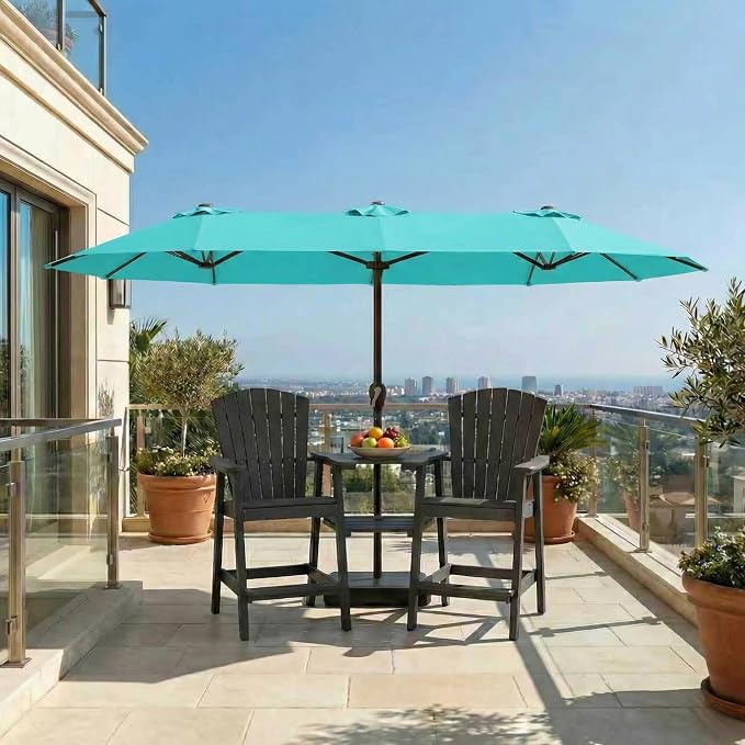 15FT Large Patio Umbrella with Base Included, Double Sided Outdoor Market Umbrella with Flexible Fiberglass Ribs, UV-Blocking Extra Large Umbrella for Garden, Pool, Deck, Aqua Blue