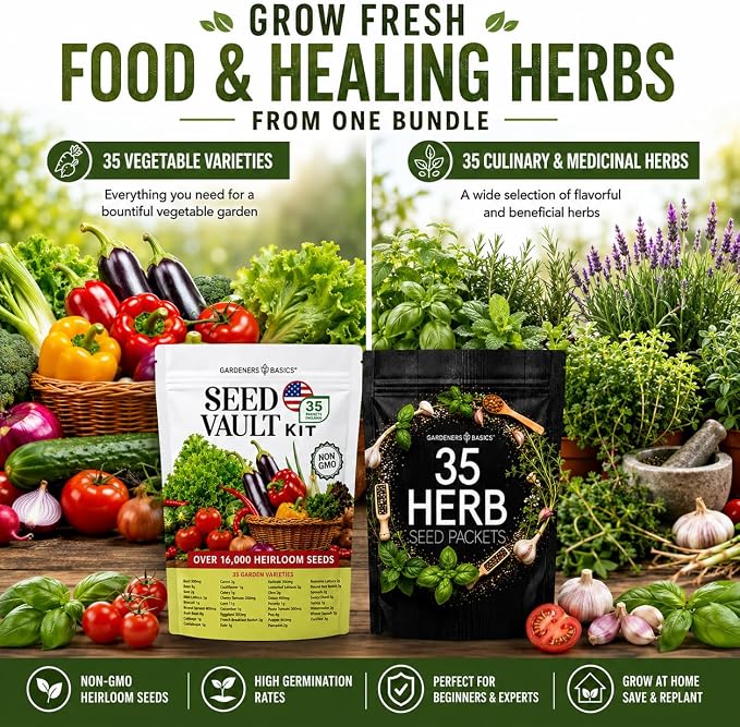 Gardeners Basics Seed Vault + Medicinal Herb Seed Bundle | 70 Heirloom Vegetable & Herb Varieties | 35,000+ Non-GMO Heirloom Seeds for Gardening, Homesteading & Prepping