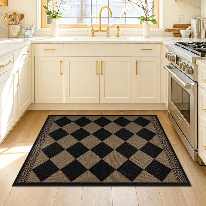 3x4 Checkered Outdoor Rug, Easy Jute Indoor Throw Rug for Entryway, Diamond Farmhouse Front Porch Rug, Boho Washable Non Slip Scandinavian Brown Black Mat for Kitchen, Patio, Bedroom, Backyard