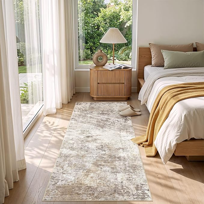 Nakagishi 2x6 Abstract Washable Area Rugs for Entryway-Golden Brown | Modern Non-Slip Silicone Backing Low Pile Soft Carpet for Bedroom Dining Decor for Families with Kids and Pets
