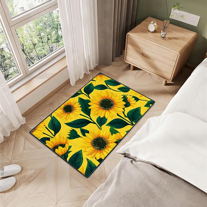 Sunflower 2x3 Entryway Rug,Spring Summer Cheerful Door Mat for Kitchen,Sunroom,Front Door -Washable Non-Slip Rubber Backing Indoor Outdoor- Bright Floral Farmhouse Decor
