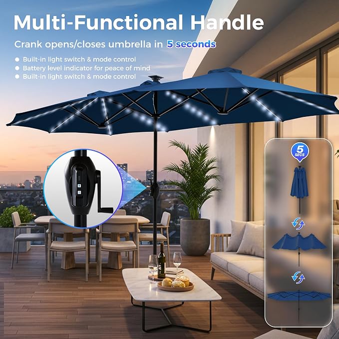 SUPERJARE 13ft Outdoor Patio Umbrella with Solar Lights, Double-sided Deck Pool Umbrella with 1.5 Inch Pole, Fade Resistant Canopy, 12 Sturdy Ribs, for Porch, Market, Backyard, Navy Blue(No Base)