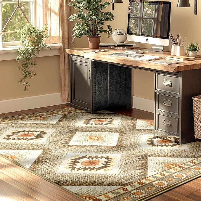 8ft-Square Washable Area Rug for Living Room Cream/Camel | Soft Western No Slip Low Pile Print Foldable Indoor for Kitchen Dining Room