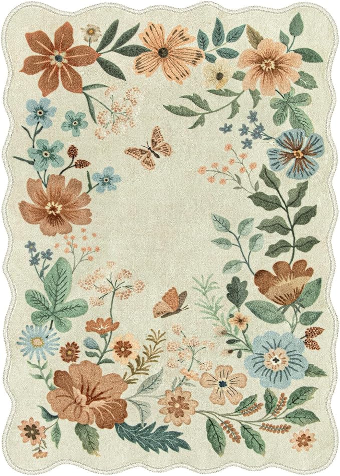 Lahome Floral Washable Living Room Rug, 5x7 Area Rugs for Bedroom Soft | Dining Room Rug Ultra-Thin Non Slip Stain Resistant Boho Low-Pile Throw Carpet for Office Flore (5x7ft, Beige)