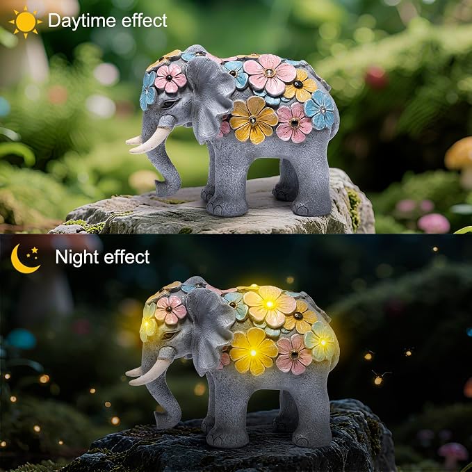 basen Solar Elephant Garden Statue Outdoor Resin Elephant Decor with Lighted Flower Accents, Solar Powered Animal Figurine for Patio Yard Lawn Porch Backyard Gifts for Women