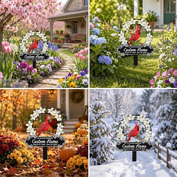 Personalized Cardinal Metal Garden Sign with Stakes, Red Bird Metal Decor Decorative Outside, Yard Outdoor Art Gift for Mom/Grandmother, Patio House Warming Gifts