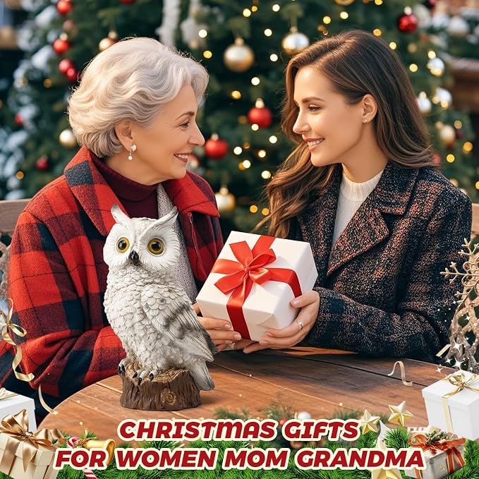 Solar Owl Garden Statues Outdoor Decor Resin Owl Figurine with LED Lights Owl Sculpture for Porch Patio Lawn Yard Decorations Christmas Housewarming Gifts for Women Mom,White Owl