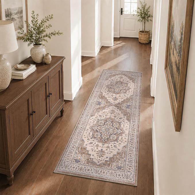 2x6 Vintage Runner Rug Low Pile Non-Slip Washable Hallway Rug | Retro Print, Non-Shedding, Soft Washable Neutral Carpet, Stain Resistant Runner, for Hallway Kitchen Bedroom Laundry Room