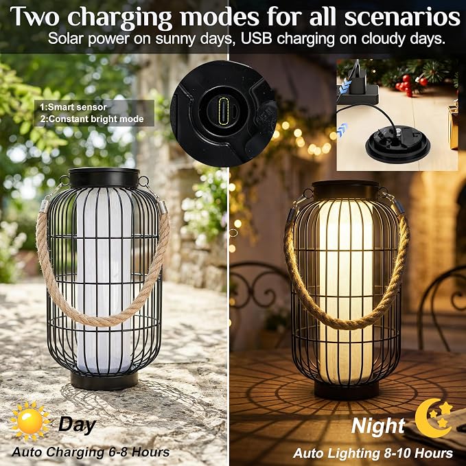 Large Solar Lanterns Outdoor Waterproof, Solar Lantern Metal Dual Charging (USB/Solar), Two Brightness Modes Decorative Solar Lights for Yard Patio Garden Front Porch Indoor Or Tabletop Decor (Black)