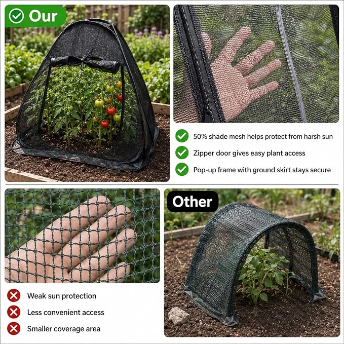 2PCS Pop up Plant Shade Tents（28 x 28 x 32 in-50% Shade Mesh Plant Cover with 16 U-Shaped Stakes for Outdoor Plants, Pop up Gardening Net Cover with Zipper Door, Guard Cover for Potted Plants