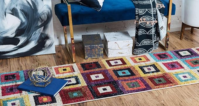 Unique Loom Estrella Collection Colorful, Geometric, Squares Modern, Abstract Area Rug (2' 7 x 10' 0 Runner, Multi/Beige)