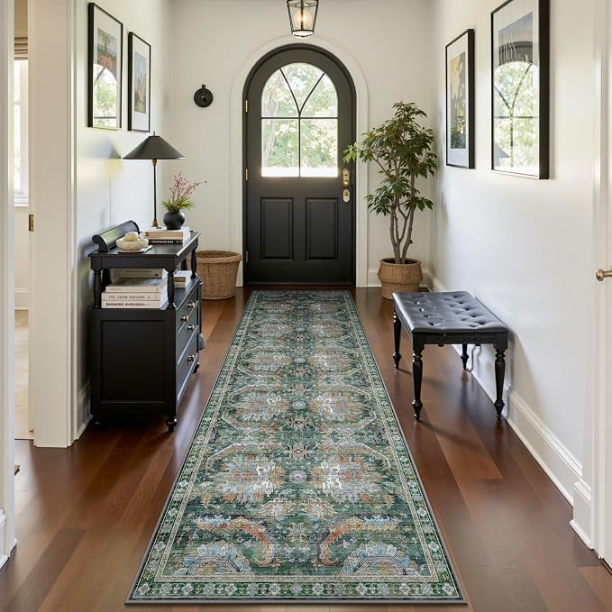 2x10 Hallway Runner Rug, Washable Vintage Retro Long Runner Rugs for Kitchen Laundry, Soft Ultra Thin Non Slip Low Pile Traditional Area Carpet for Bedroom Bathroom Indoor, Green