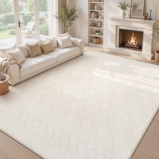 9x12 Area Rugs Washable Rug: Geometric Moroccan Farmhouse Rugs Large Living Room Rug Modern Neutral Soft Non-Slip Printed Pattern Carpet for Bedroom Dining Room Nursery Office (Beige, 9'x12')