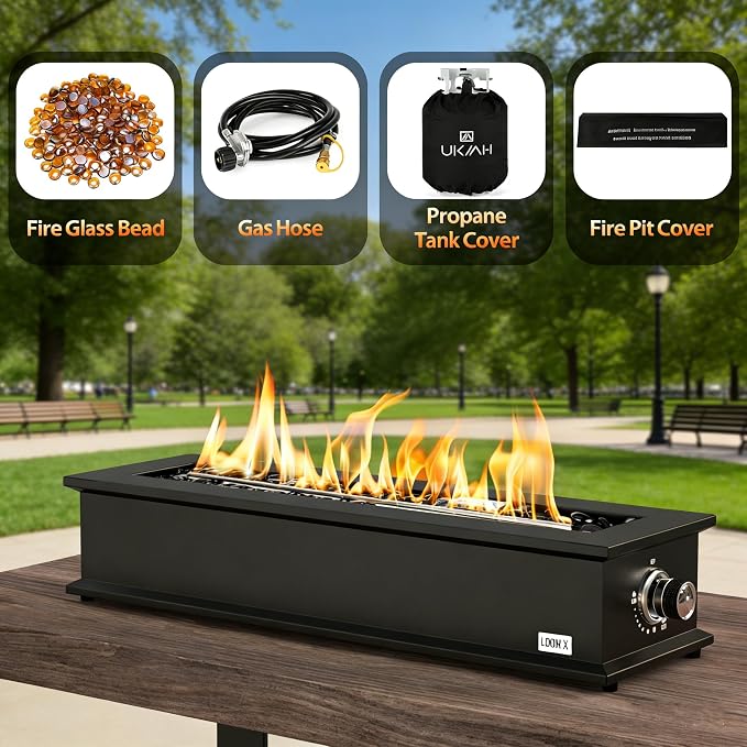 28" Propane Gas Fire Pit with 10FT Hose, Covers & Glass Beads, Portable Smokeless Tabletop Fireplace for Patio Backyard Camping RV Tailgating, Gift Choice, 40000BTU, FP063