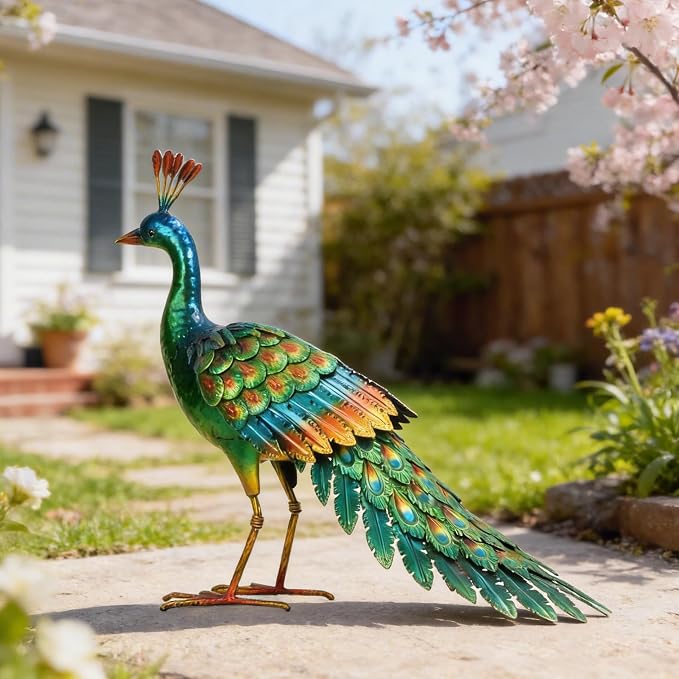 chisheen Metal Peacock Statue Garden Decor Yard Art Sculpture Gift for Women(Green)