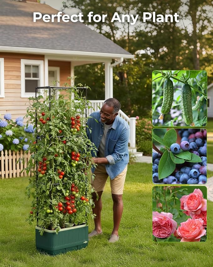 Raised Garden Bed Planter Box with Trellis, Self Watering Tomato Planters for Climbing Plants, Tomato Cage Trellis for Vegetables & Vine Flowers Indoor Outdoor Patio (Dark Green, 51.2In(2PCS))