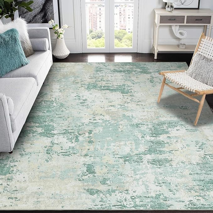 ROYHOME Modern Abstract Area Rug 9x12 Non Slip, Green | Non Shedding Rug Low Pile Stain Resistant for Bedroom Living Room