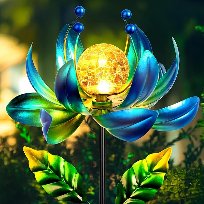 38-Inch Solar Wind Spinner Outdoor, Metal Kinetic Lotus Yard Art with Glass | Glowing Crackle Glass Light And Rotating Lotus Petals Create Eye-Catching Yard Art For Patios, Lawns And Garden Pathways