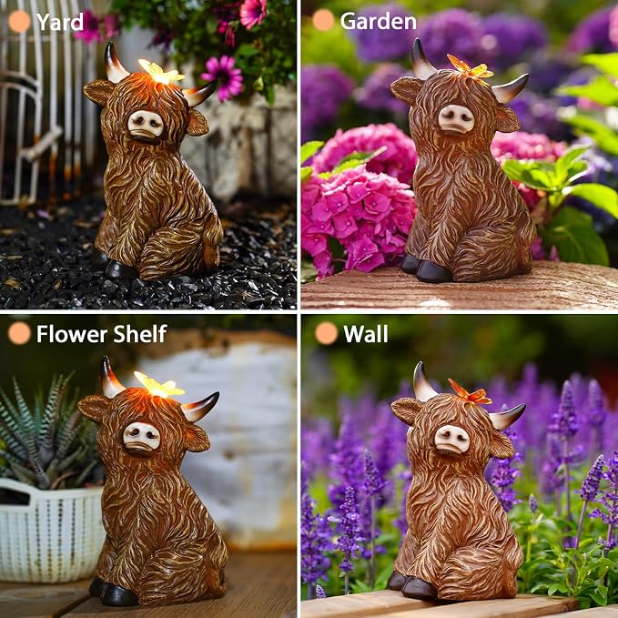 Solar Garden Statue Highland Cow Figurine | Outdoor Decoration with Butterfly for Garden Yard Lawn Home Decor Outside : Unique Gifts for Mom Grandma