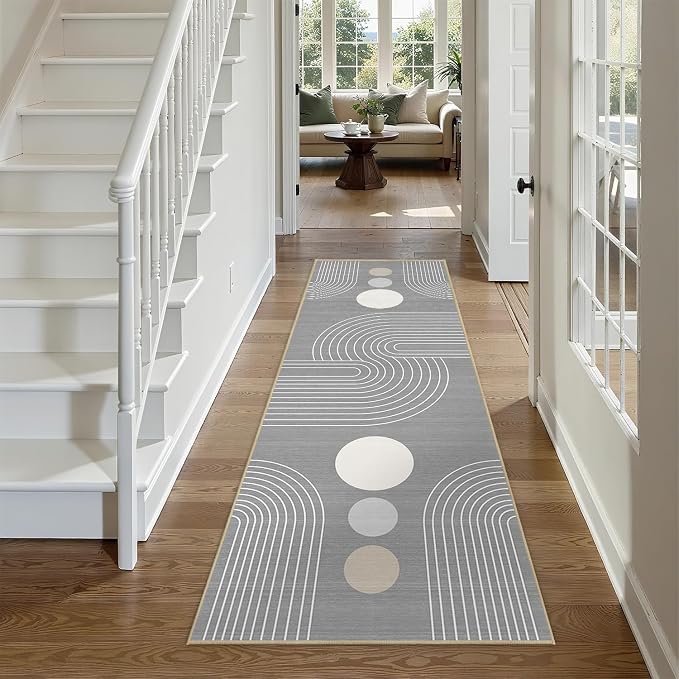 Boho Runner Rug 2x6 Modern Geometric Abstract Rug for Hallway Kitchen Bedroom Grey Mid Century Modern Runner Machine Washable Non-Slip Printed Low-Pile Long Floor Carpet for Bathroom Laundry Gray