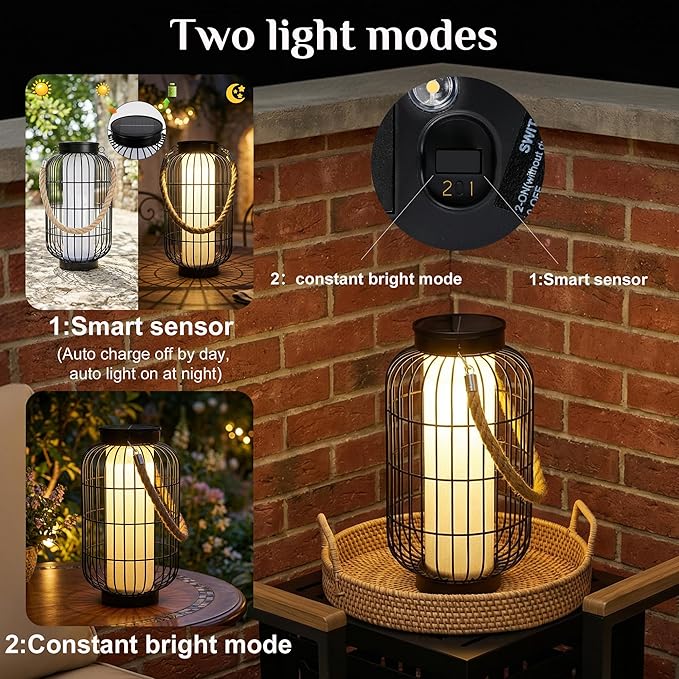 Large Solar Lanterns Outdoor Waterproof, Solar Lantern Metal Dual Charging (USB/Solar), Two Brightness Modes Decorative Solar Lights for Yard Patio Garden Front Porch Indoor Or Tabletop Decor (Black)