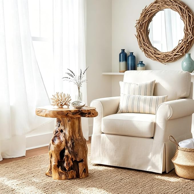 WELLAND Natural Tree Stump Stool, 19'' Tall Side Table, Live Edge End Table, Natural Edge Accent Table, Plant Stand for Living Room, Bedroom
