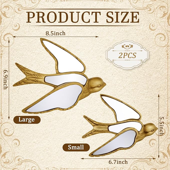 Sliner 2 Pcs Swallow Mirror Wall Decor, Gold Resin Aesthetic Bird Wall Art, Vintage Decorative Hanging Glass Mirrors for Victorian Home, Elegant Nature Inspired Summer Wedding Gift