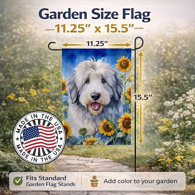 Caroline's Treasures DAC6129GF Old English Sheepdog in Sunflowers Garden Flag Mailbox Flag Decorative Yard Flag Banner Outside Patio Artwork Yard Flower Beds, Garden Size, Multicolor