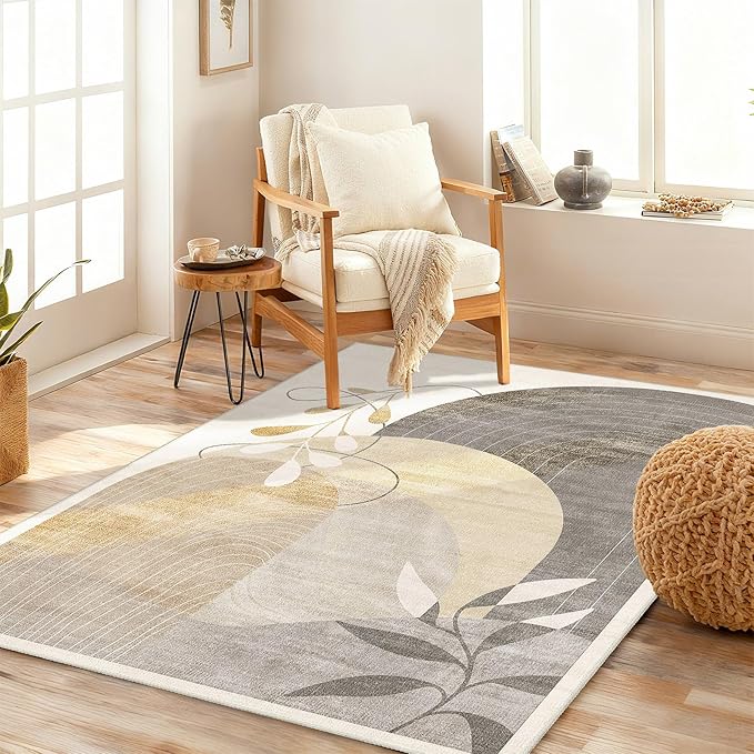 3x5 Rug Washable Area Rugs Low Pile Non Slip Mid Century Modern | Small Throw Carpet for Bedroom Entryway Living Room Office Bedside Indoor Boho Abstract Retro Geometric Neutral Beige