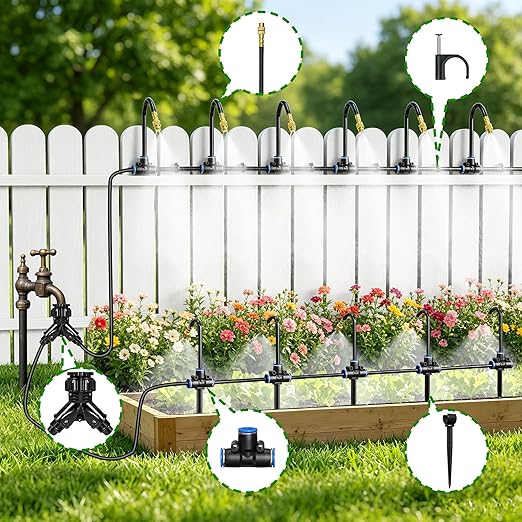 Thiswing 100 FT 360° Adjustable Irrigation System for Garden with Stake Holders – 1/4" Tubing, 16 Nozzles, Automatic Watering Misting System, Sprinkler for Garden, Raised Bed, Lawn, Plants