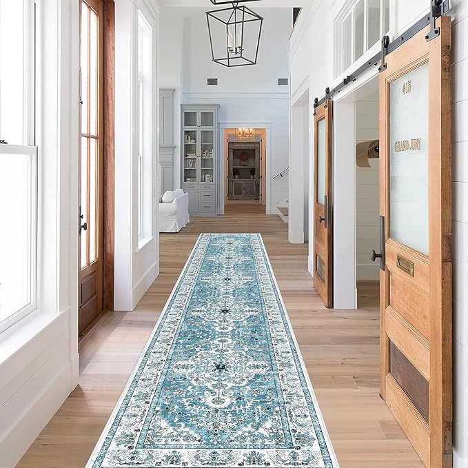 U'Artlines 2' x 12' Boho Hallway Runner Rug, Washable Carpet, Teal | Non Slip, Vintage Farmhouse Accent Area Rug Carpet, for Kitchen Entryway Laundry and Living Room
